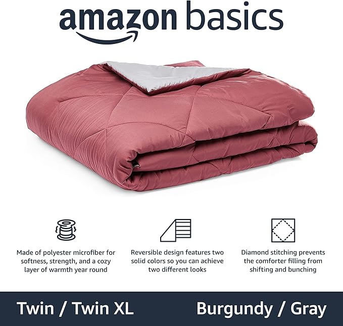 Amazon Basics Twin/Twin XL Reversible Comforter Lightweight Microfiber All Season Blanket, Burgundy/Grey