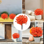 2 Bundles Artificial Eucalyptus Morning Glories with Ground Spikes,21.65 Inch Artificial Fall Flowers Faux Mums, UV Resistant Faux Shrubs Fake Mums for Outdoor Garden Fall Decor(Orange)