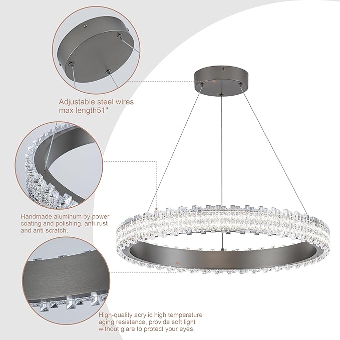 Modern Silver Grey Led Pendant Light,36W Dimmable LED Chandelier Lighting Fixture, 1 Ring Circular Hanging Led Pendant Lighting for Living Room Dining Room Kitchen Island Foyer Office