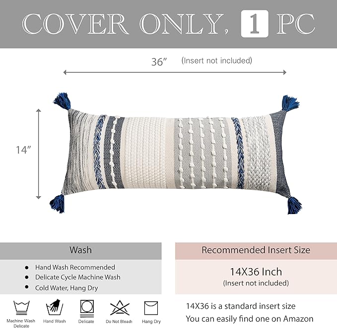 BlissBlush Navy Dark Blue Boho Decorative Lumbar Pillow Cover 14x36, Long Body Pillow for Bed, Accent Lumbar Throw Pillow for Couch, Modern Farmhouse Textured Pillowcase