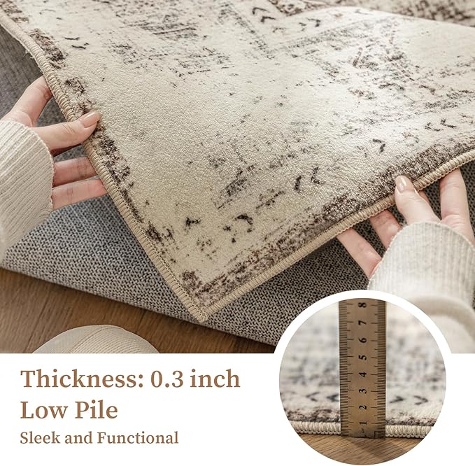 6'x9' Area Rug - Vintage Persian Medallion Design Low-Pile Faux Wool Rug, Non-Slip Backing, Machine Washable, for Living Room, Dining Room, Bedroom (Cream/Taupe)