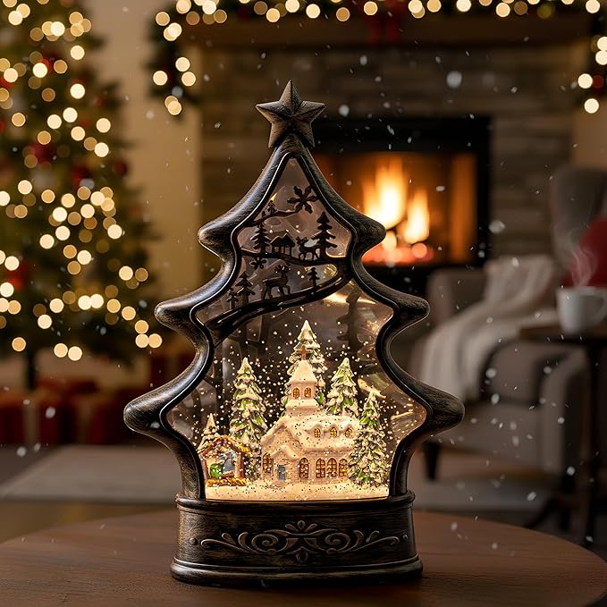 Musical Snow Globe Christmas Tree Lantern Lighted Church with Nativity Manger Scene Water Lantern in Swirling Glitter, Christmas Home Decoration and Gift, Battery Operated or USB Powered