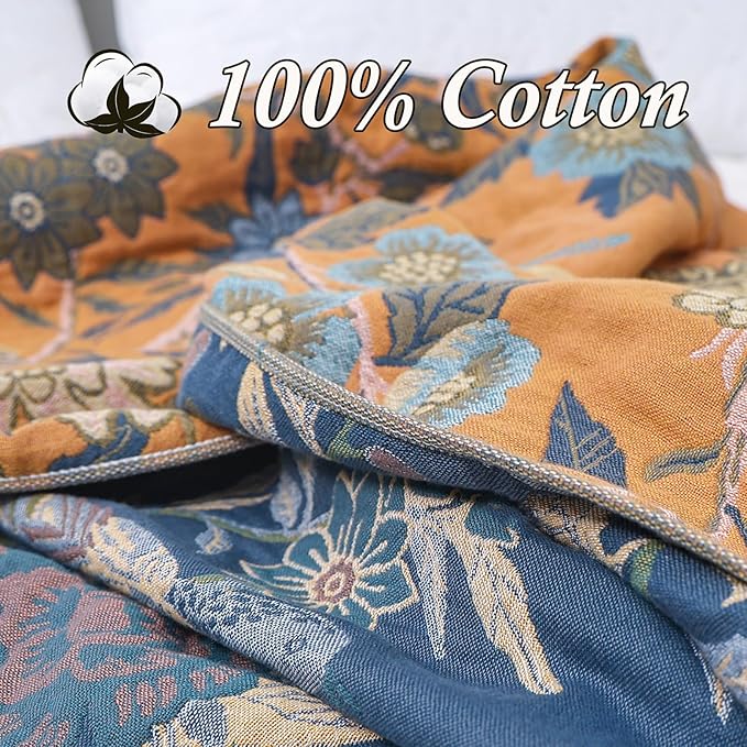 Snycler Boho Throw Blanket for Bed - 100% Cotton Ultra Soft Rustic Quilt Blanket Orange Bird Floral Printed Farmhouse Decor Bed Blankets, 80"×90" All Season Rustic Throw for Sofa Couch Chair