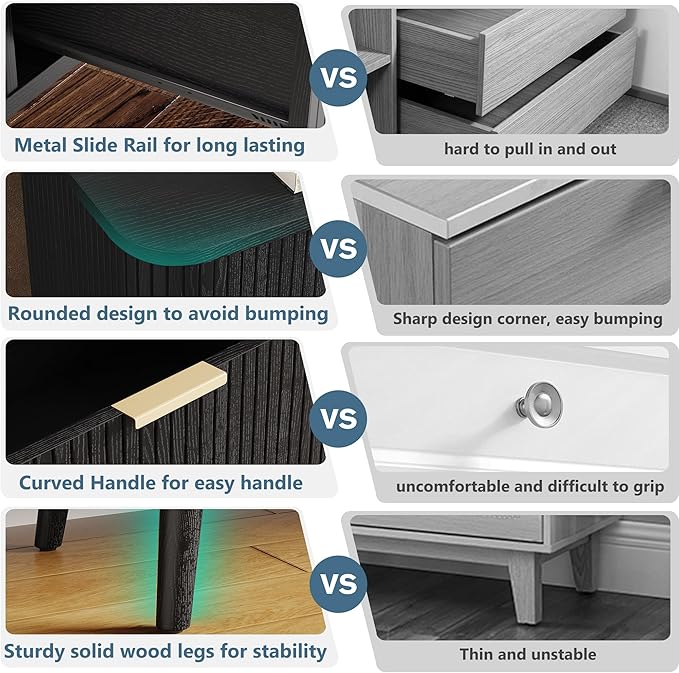 Alohappy Black Fluted Dresser with 5 Drawer and Charging, 48" Tall Mid Century Modern Chest of Drawers with Curved Profile Design, Wood Storage Dressers