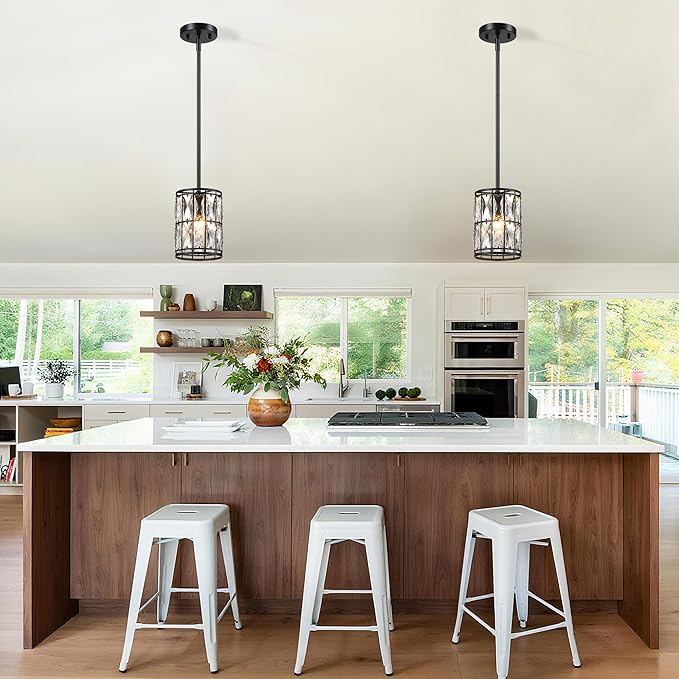 Modern Crystal Pendant Light Fixture 2-Pack Matte Black Finish Hanging Lighting Crystal Chandelier for Living Room, Kitchen