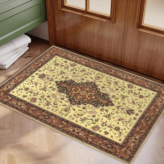 Topllen Entryway Rug - 2'x3' Boho Soft Low Pile Washable Area Rug, Non-Slip Small Rugs Indoor for Front Door Entrance Kitchen Bathroom, Vintage Carpet Stain Resistance (Red, 2x3ft)