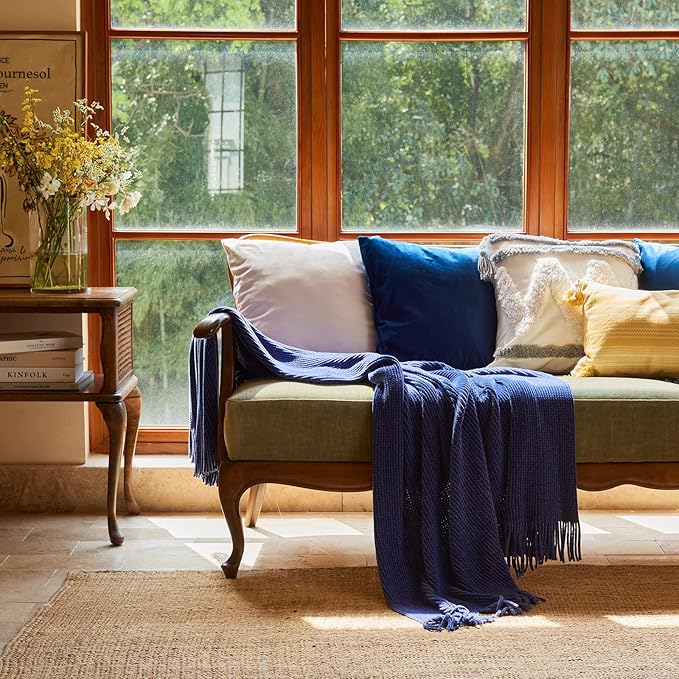 lifein Throw Blanket for Couch, Soft Boho Decor Bed Throw,Cozy Blue Chenille Knitted Small Farmhouse Lightweight Throw for Spring(Blue,50 * 60")