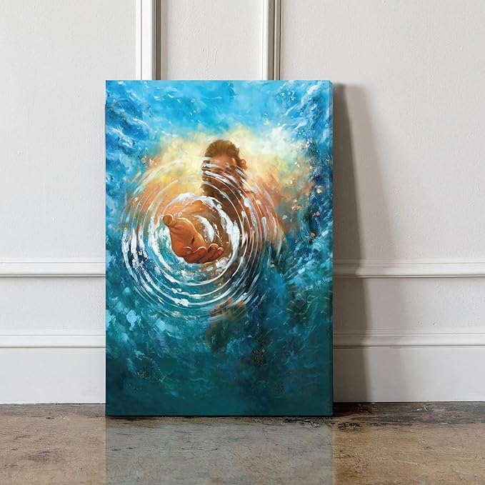 Framed Jesus Christ Canvas Wall Art The Hand of God Jesus Reaching Into Water Christian Painting Prints Biblical Wall Decor Religious Room Decor for Church Prayer Room Schools Hospitals 16" x 24"