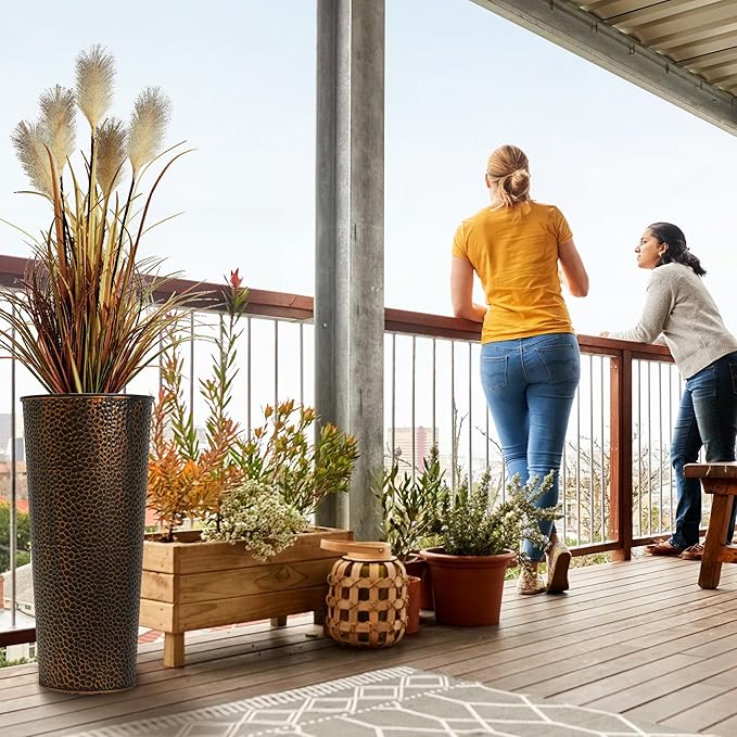 Worth Garden 2-Pack 25" H. Metal Planter with 2X Inside Pots - Hand-Hammered Texture Tall Cone Plant Pots - Large Handcrafted Black Flower Pot for Indoor Outdoor, Deck, Patio, Front Porch (Bronze)