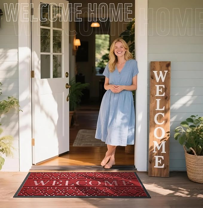 Yimobra Welcome Mat Outdoor Indoor, All-Season Waterproof Front Door Mat Outside Entrance, All-Weather Heavy Duty Non-Slip Doormat, Low Profile Porch Patio Entrance Mats, 47x24, Red