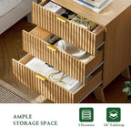 Fluted Nightstand with Charging Station, 24" Wide Bedside Table with 3 Large Storage Drawers, Modern Wood Side Table Night Stand, End Table Small Dresser for Bedroom, Living Room, Dorm, Natural Oak