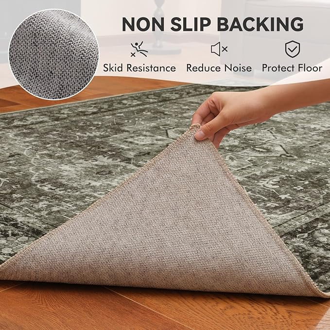 Olive Green Washable 8x10 Area Rugs for Living Room Rug Bedroom Rug-Carpet Neutral Vintage Dining Room Rugs for Under Table Soft Comfortable Non Slip