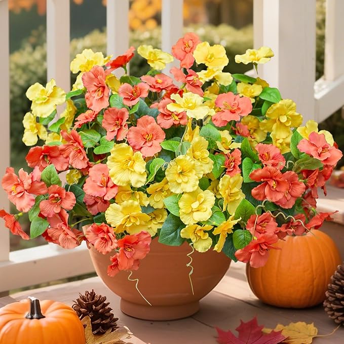 Fall Flowers Fake Flowers Mums for Outdoors Autumn Decoration, 6 Bundles Artificial Flowers Faux Silk Plants Realistic UV Resistant for Outside Planter Patio (Yellow Orange)