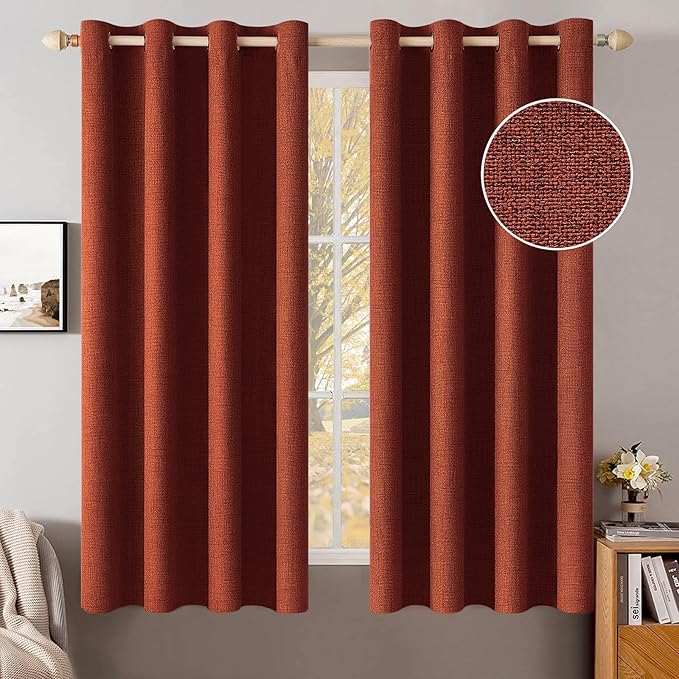 MIULEE Linen Curtains for Bedroom 100% Blackout Thermal Insulated Burnt Orange Grommet Room Darkening Curtains & Drapes Rust Terracotta Fall Decor for Living Room Nursery 52 x 45 Inch (2 Panels)
