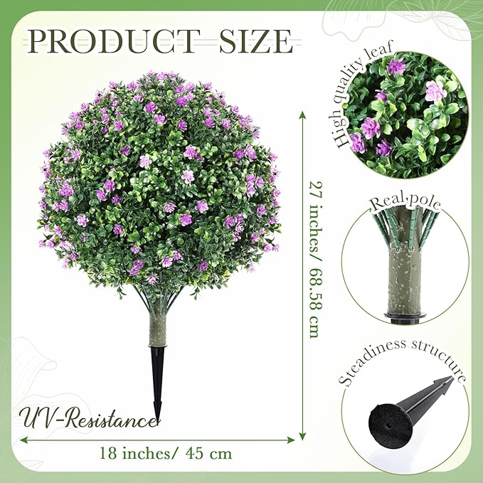 Yunlly Set of 2 Artificial Boxwood Topiary Ball Tree Fake Bushes Shrubs Outdoor Faux Plant with Ground Spike Flowers UV Resistance Greenery for Front Porch Garden Patio Indoor(Light Purple,27x18inch)