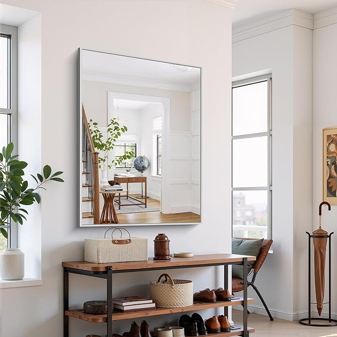 YIROMAN Bathroom Mirror 48"x36", Large Brushed Silver Bathroom Mirror for Over Sink with Aluminum Frame, Rectangular Vanity Mirror with Right Angle, Wall Mirror Hangs Horizontal or Vertical