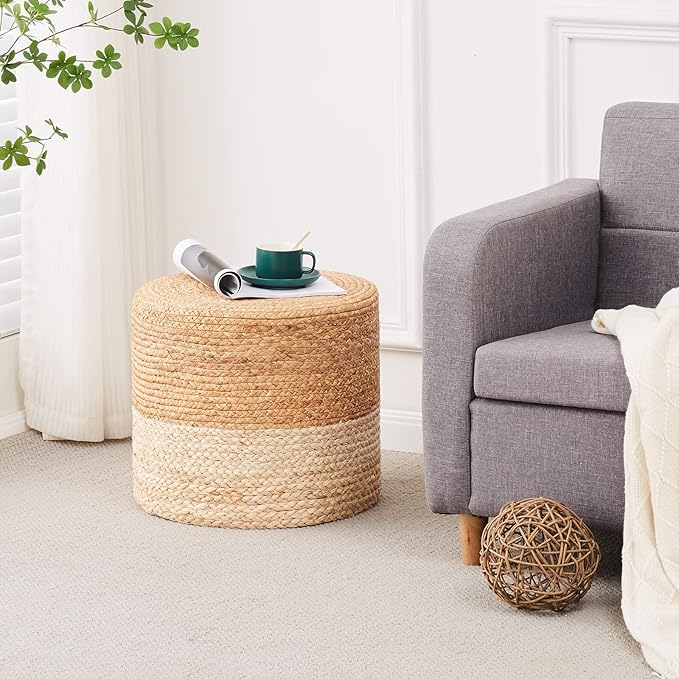 Wimarsbon Ottoman Pouf, Natural Braided Jute Poof, 18'' Outdoor Ottoman for Garden, Rustic Handweave Lounge Pouffe, Boho Footrest Stool for Bedroom, Accent Table or Seat for Patio, Living Room