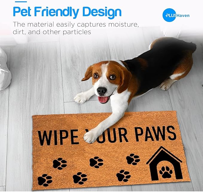 PLUS Haven Coco Coir Door Mat with Heavy Duty Backing, Natural Wipe Your Paws Doormat, 17.5”x30” for Entrance, Front Porch, Easy to Clean Entry Mat, Outdoor and Indoor Uses, Home Decor