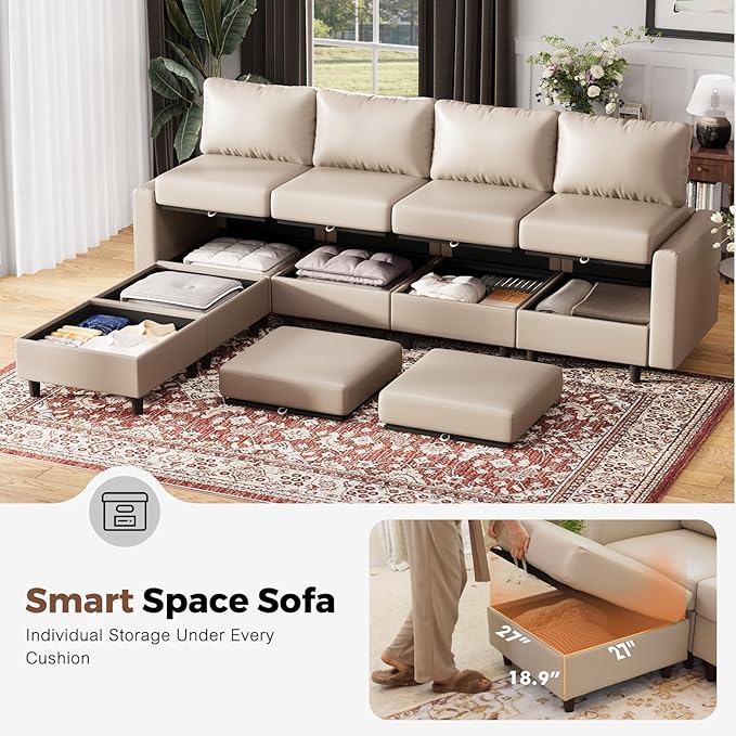 118.5" Faux Leather Modular Sectional Convertible Sofa, L Shaped Couch Set for Living Room, Large 8-Seater Comfy Cloud Couches with Movable Storage Ottoman DIY Combination - Whitesand