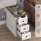 HIFYOBRO 3 Drawers End Table with Flip Top Charging Station, Type-C & USB Port & Power outlets, Wooden Storage End Table, Side Table with Storage for Living Room and Bedroom