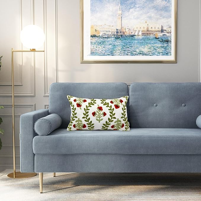 Alysheer Floral Embroidered Summer Lumbar Decorative Throw Pillow Cover 12"x 20", Farmhouse Cottage Red Flowers Green Leaves Patterned Cotton Canvas Cushion Case for Sofa Couch Bed Living Room Decor