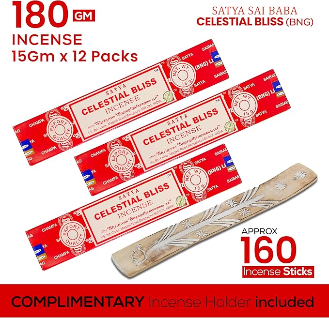 Satya Celestial Bliss Incense Sticks, Satya Bng (Bangalore) Insenses 15gmx12 Pack with Raajsee Incense Holder Bundle, Satya Nagchampa Natural Incense