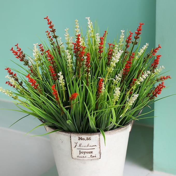 alyptus Artificial Flowers Outdoor 12 Bundles Fake Plants Outside Red Flower Grass Faux Greenery Spring Summer Wildflower Decoration for Outdoors Yard Front Porch Planter Decor (Red Flowers)