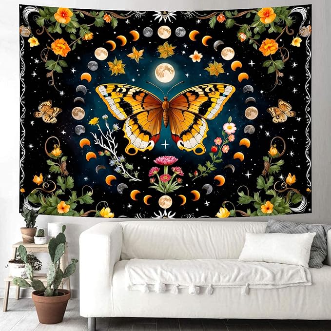 Delur Butterfly Moon Flower Tapestry Botanical Floral Plant Boho Tapestry Wall Hanging Mandala Aesthetic Mushroom Retro Vintage Headboard for Bedroom Living Room Home Decor (59.1" x 78.7")