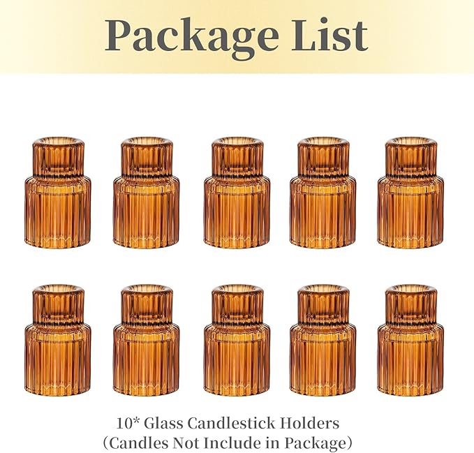 Hewory Glass Taper Candle Holders: 10 PCS Amber Elegant Candle Holder Candlestick Holders Bulk, Ribbed Glass Candle Holder Candle Sticks Holder Decor for Table Centerpiece Fall Thanksgiving Home Decor