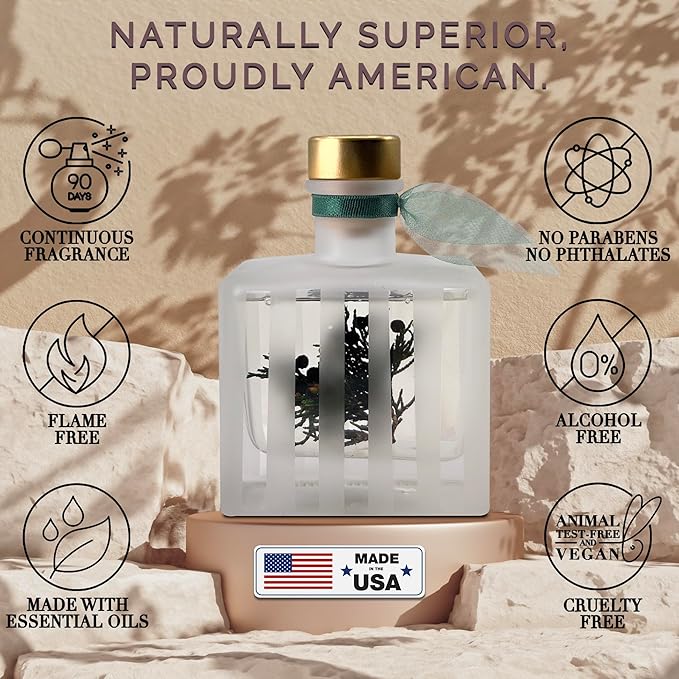 LOVSPA Reed Diffuser Set, Fraser Fir Scented Oil Diffuser with Sticks, Home Fragrance Accessories for Bathroom Shelf Decor, Aroma Diffusers for Home or Office Desk, USA Made