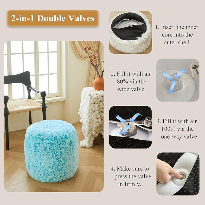 XeGe Fluffy Faux Fur Inflatable Pouf Ottoman, Cozy Portable Fuzzy Foot Stool, Furry Foot Rest Floor Pouf Anti-Slip Kids Girls Adult, Cute Round Ottoman Cushion for Living Room Bedroom, Ombre Aqua