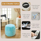 XeGe Fluffy Faux Fur Inflatable Pouf Ottoman, Cozy Portable Fuzzy Foot Stool, Furry Foot Rest Floor Pouf Anti-Slip Kids Girls Adult, Cute Round Ottoman Cushion for Living Room Bedroom, Ombre Aqua