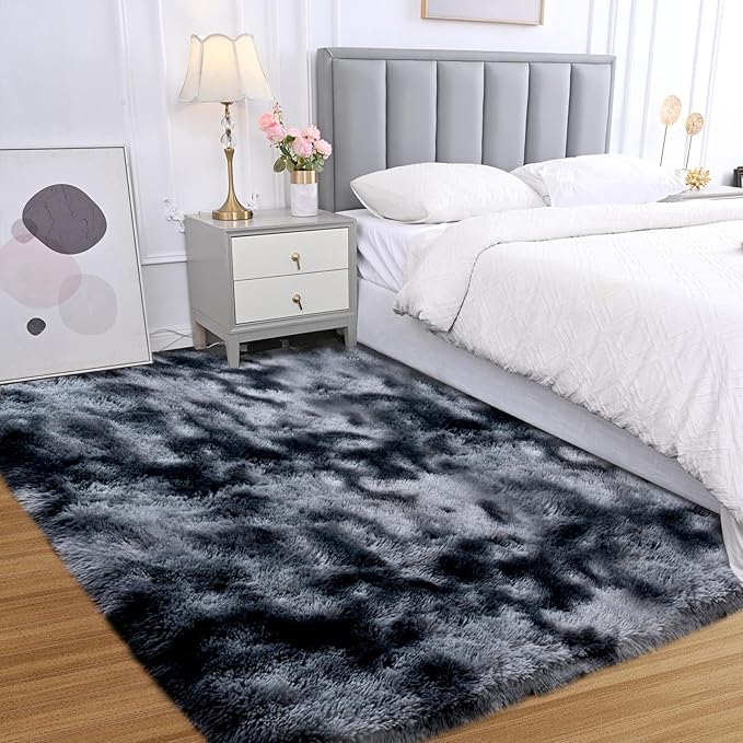 Fluffy Area Rug for Bedroom: Grey Plush Soft Bedside Dorm Area Rug - Small Carpets for Bedroom Kids Room Nursery (Tie-Dyed Dark Grey, 3x5Feet)