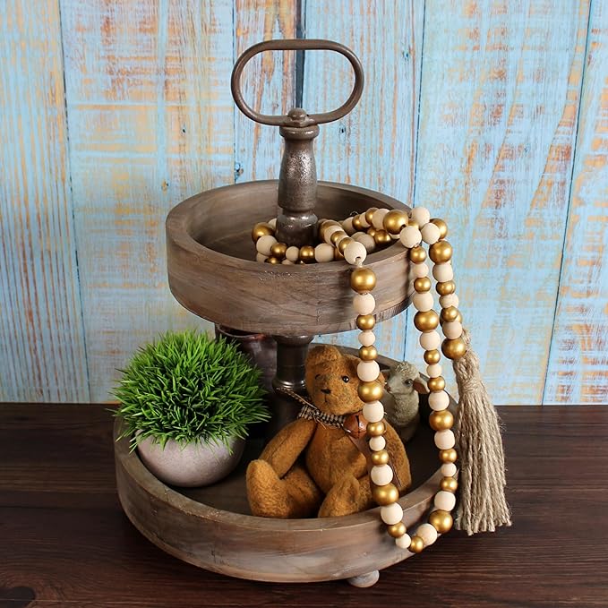 CVHOMEDECO. Wood Beads Garland with Tassels Farmhouse Rustic Wooden Prayer Bead String Wall Hanging Accent for Home Festival Decor. Gold Mix