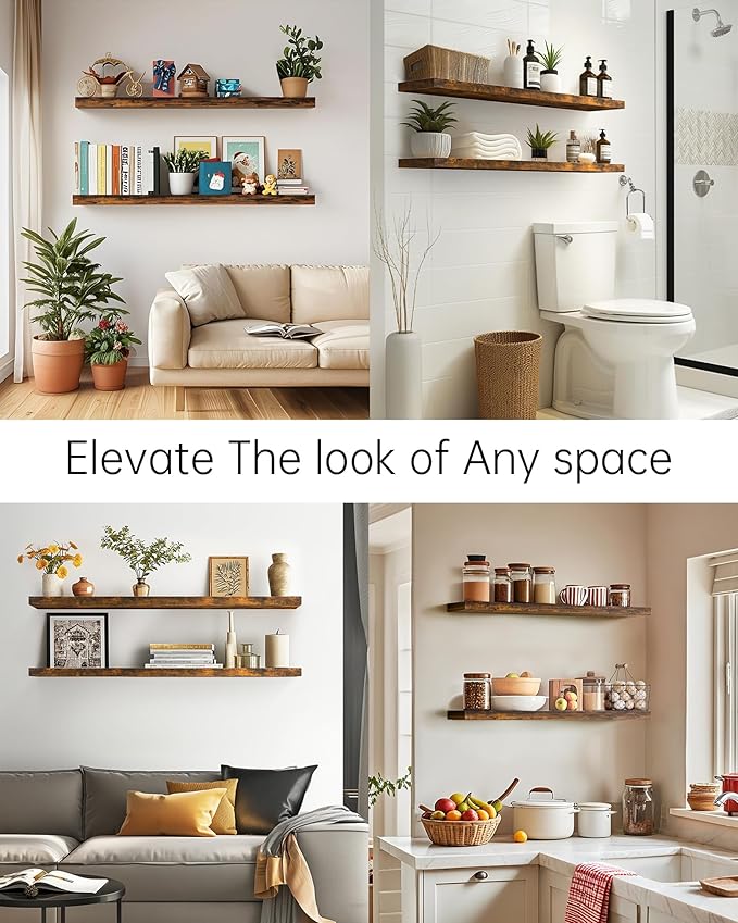 BAYKA Floating Shelves, 48 inches Long Wall Mounted Rustic Wood Shelves for Bathroom, Bedroom, Living Room, Kitchen, Office, Hanging Shelf for Books/Storage/Decor(Rustic Brown,Set of 2)