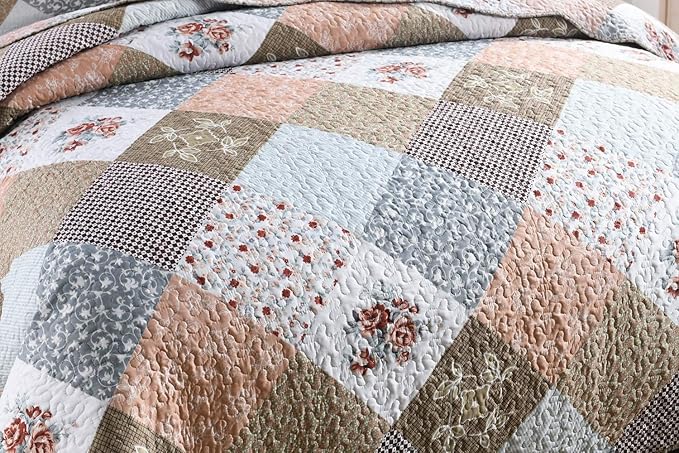 Travan 3-Piece Queen Quilt Set Quilted Bedspread Lightweight Reversible Coverlet Set Floral Printed Quilted Bedding Set with Shams for All Season, Brown Floral, Queen Size