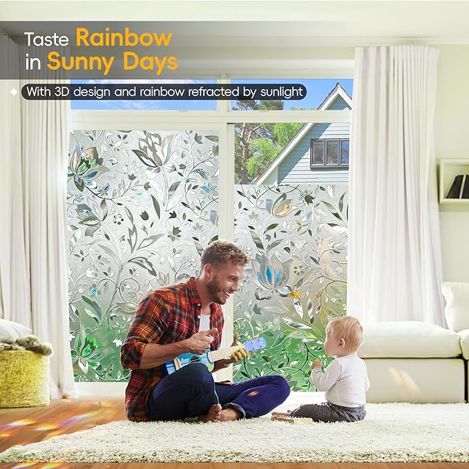 Reusable Static Cling Rainbow Window Privacy Film Decorative, Stained Glass Window Clings for Home Glass Doors, 17.5" by 78.74"