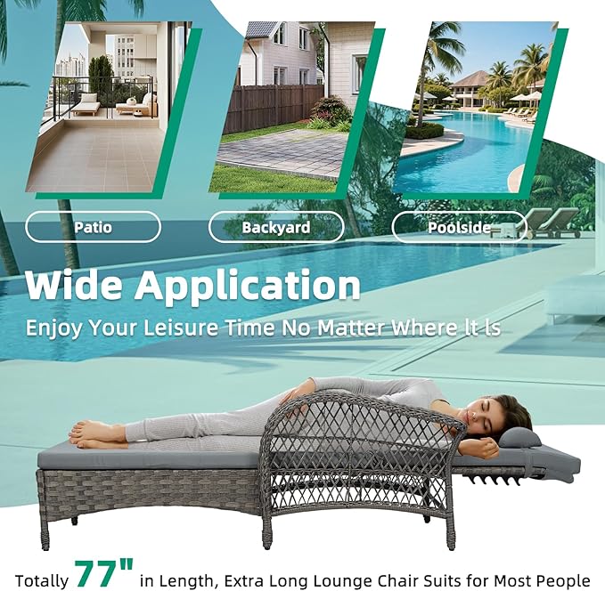 VIVIJASON Outdoor Wicker Chaise Lounge Chair, All-Weather PE Rattan Cushioned Patio Lounger Chair, 6-Position Adjustable Pool Sunbathing Recliner with Armrest & Pillow for Poolside Deck Yard, Gray
