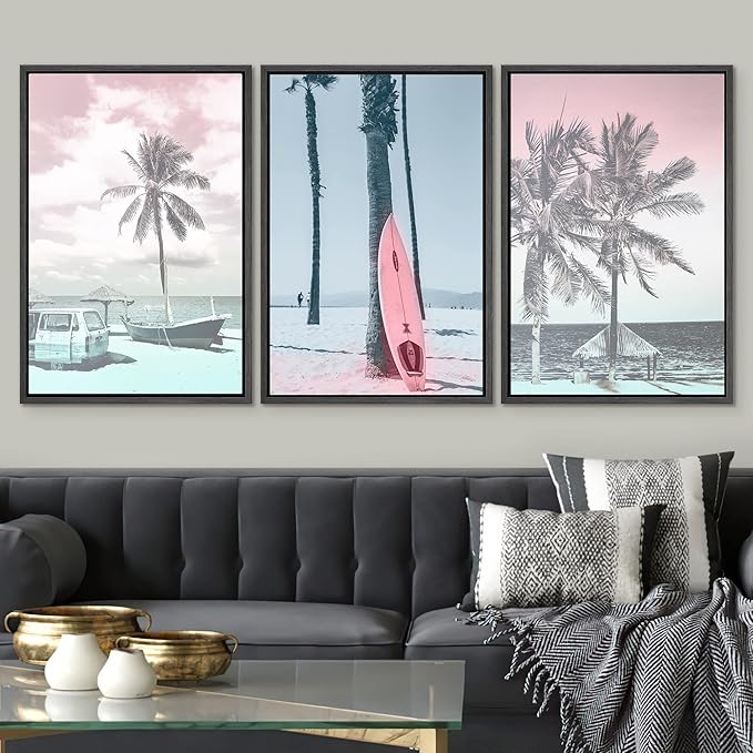 SIGNWIN Framed Canvas Print Wall Art Set Vintage Retro Hawaiian Island Hut Surfboard Nature Wilderness Photography Modern Art Landscape Relax/Calm for Living Room, Bedroom, Office - 16"x24"x3 Black
