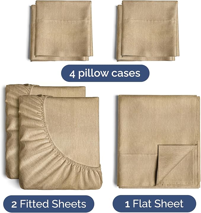 Split King Sheets Set 7 Piece - Includes 4 Pillowcases - Bed Sheets Split King - Soft Hotel Luxury Bedding - Cooling and Breathable - 1 Flat & 2 Fitted & 4 Pillowcases w/ Deep Pockets - Heathered Tan