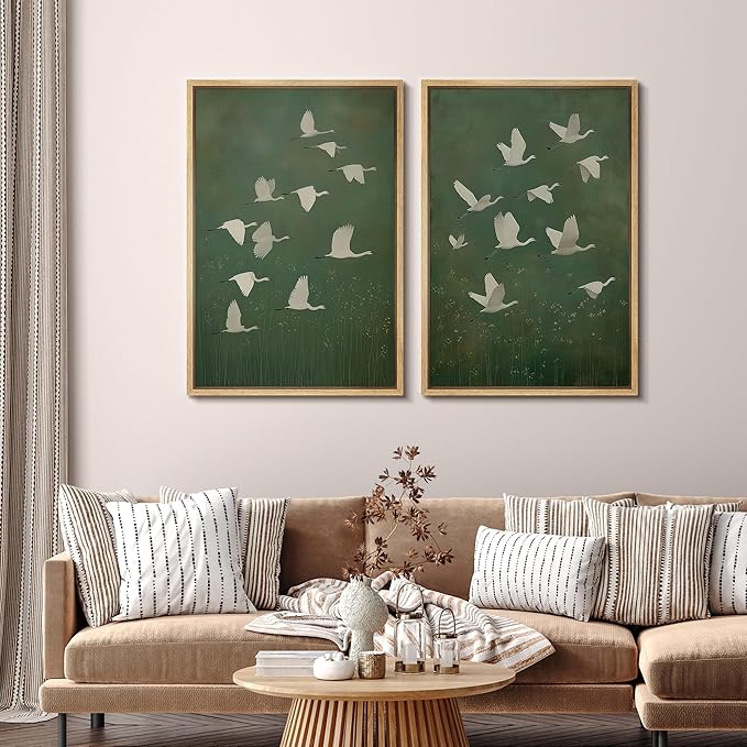 SIGNFORD Framed Canvas Print Wall Art Set Flight of Cranes Elegant Birds in Soft Green Hues Illustration Modern Art Decorative Nordic Nature for Living Room, Bedroom, Office - 24"x36"x2 Natural