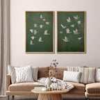 SIGNFORD Framed Canvas Print Wall Art Set Flight of Cranes Elegant Birds in Soft Green Hues Illustration Modern Art Decorative Nordic Nature for Living Room, Bedroom, Office - 16"x24"x2 Natural