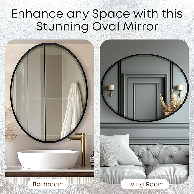 OVALCREST - Oval Wooden Beveled Wall Mirror for Home Decor, Bathroom, Vanity, Bedroom, Living Room, Hallway - London Style (Matte Black) 19.1 x 25.1