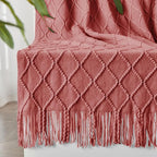 inhand Knitted Throw Blankets for Couch and Bed, Soft Cozy Knit Blanket with Tassel, Coral Pink Lightweight Decorative Blankets and Throws, Farmhouse Warm Woven Blanket for Men and Women, 60"x80"