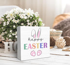 SRADMO Happy Easter Sign, Cute Bunny's Ear Easter Wood Box Sign Desk Decor, Easter Bunny Decorations, Easter Theme Wooden Block Box Sign Decoration for Home Office Shelf Table Decor