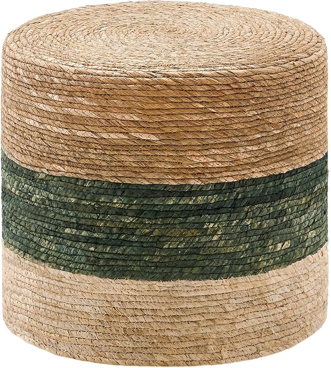 Wimarsbon 18'' Ottoman Pouf, Natural Braided Poof, Rustic Handweave Lounge Pouffe, Boho Footrest Stool for Bedroom, Accent Table for Living Room (18inch Natural Cattail + Green Corn Husk)