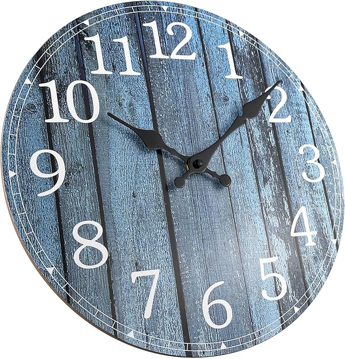 Plumeet Wall Clock, 12'' Frameless Wooden Wall Clocks with Silent Quartz Movement, Rustic Coastal Country Village Clocks Decorative for Kitchen Bedroom Living Room, Blue