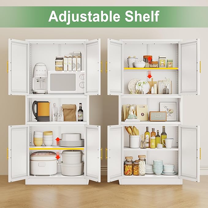 Tall Pantry Cabinet 67" H Metal Cabinet with 4 Doors, Bathroom Cabinets, 3 Adjustable Shelves for Kitchen, Home Office, Living Room, Dinning Room