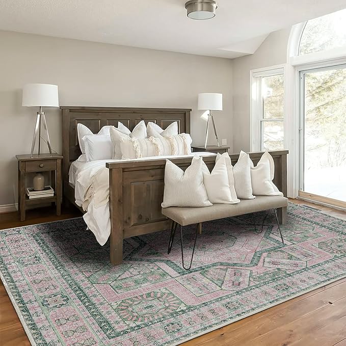 DCX Washable 8x10 Area Rug, Soft Machine Washable Non Slip with Rubber Backing Vintage Rug, Kid & Pet Friendly Living Room Area Rugs 8x10, Foldable Rugs for Bedroom Dining Room Office-Pink & Green