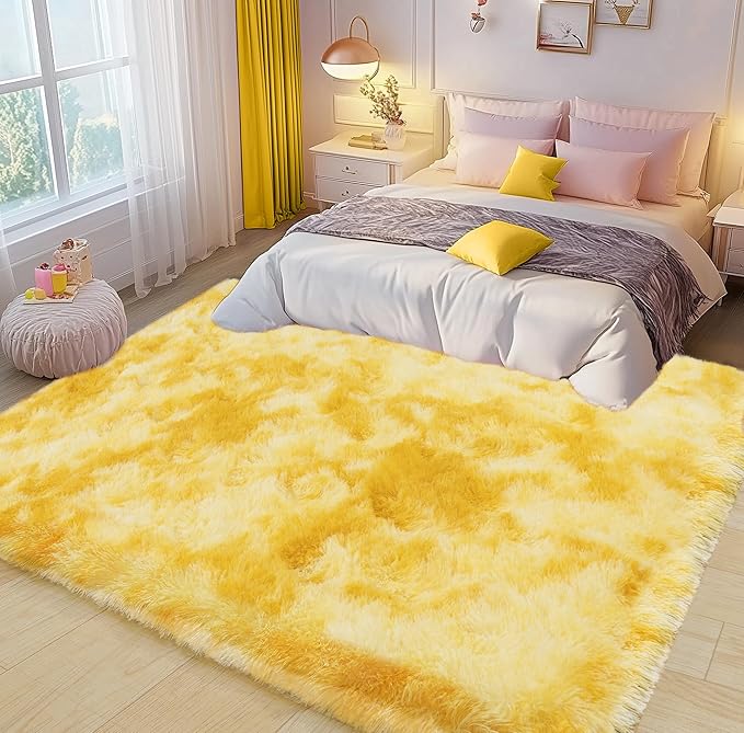 Large 8x10 Area Rugs for Living Room, Tie-Dyed Yellow Soft Shag Rug for Bedroom, Non-Slip Ultra Fluffy Rug, Modern Plush Carpet for Girls Boys Kids Room Dorm, Fuzzy Rug for Home Decor Aesthetic